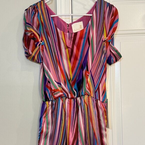Line & Dot Multicolor Puff Sleeve Silk Mini Dress | Size S - Picture 9 of 11